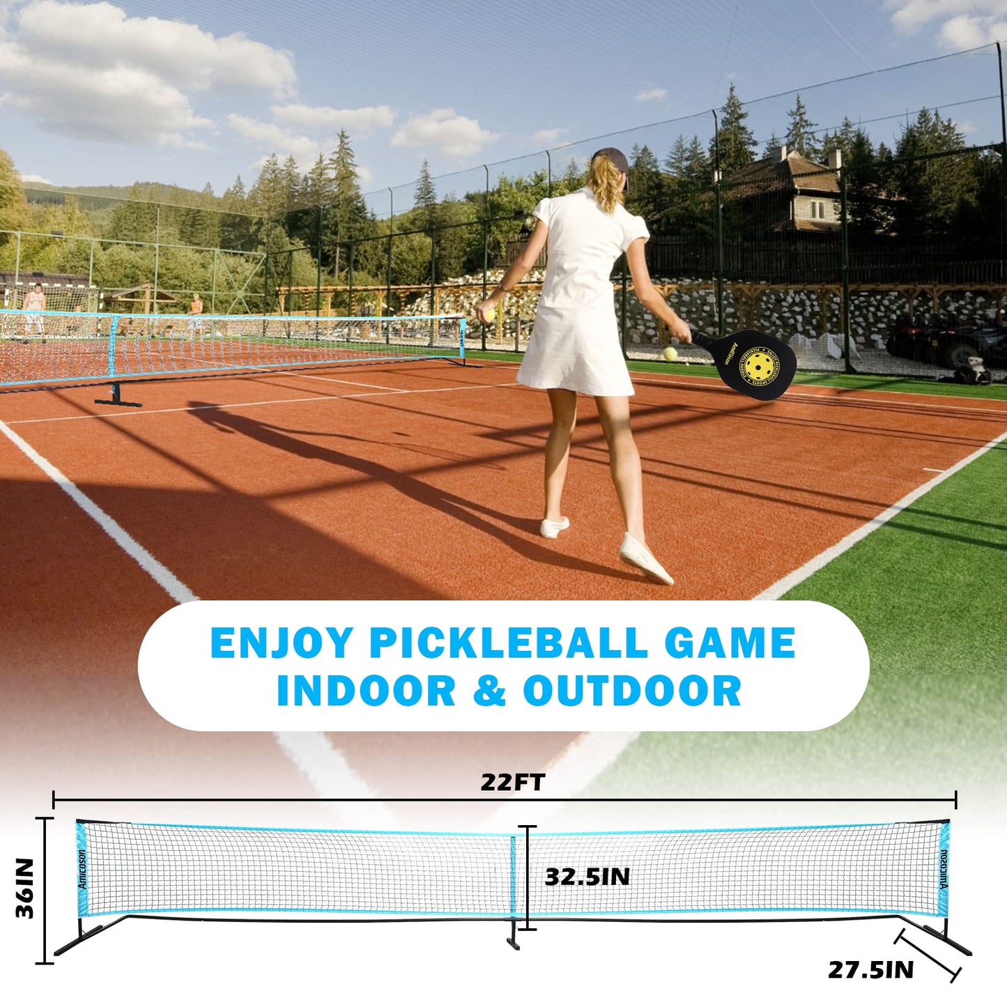 Amicoson pickleball set with 22ft black net, four wooden paddles, pickleballs, carrying bag, court marking tape, and measuring tape.