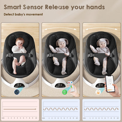 Ixdregan electric baby bouncer chair with soft padding, Bluetooth remote, 5 swing speeds, 3 timers, and preset lullabies in black