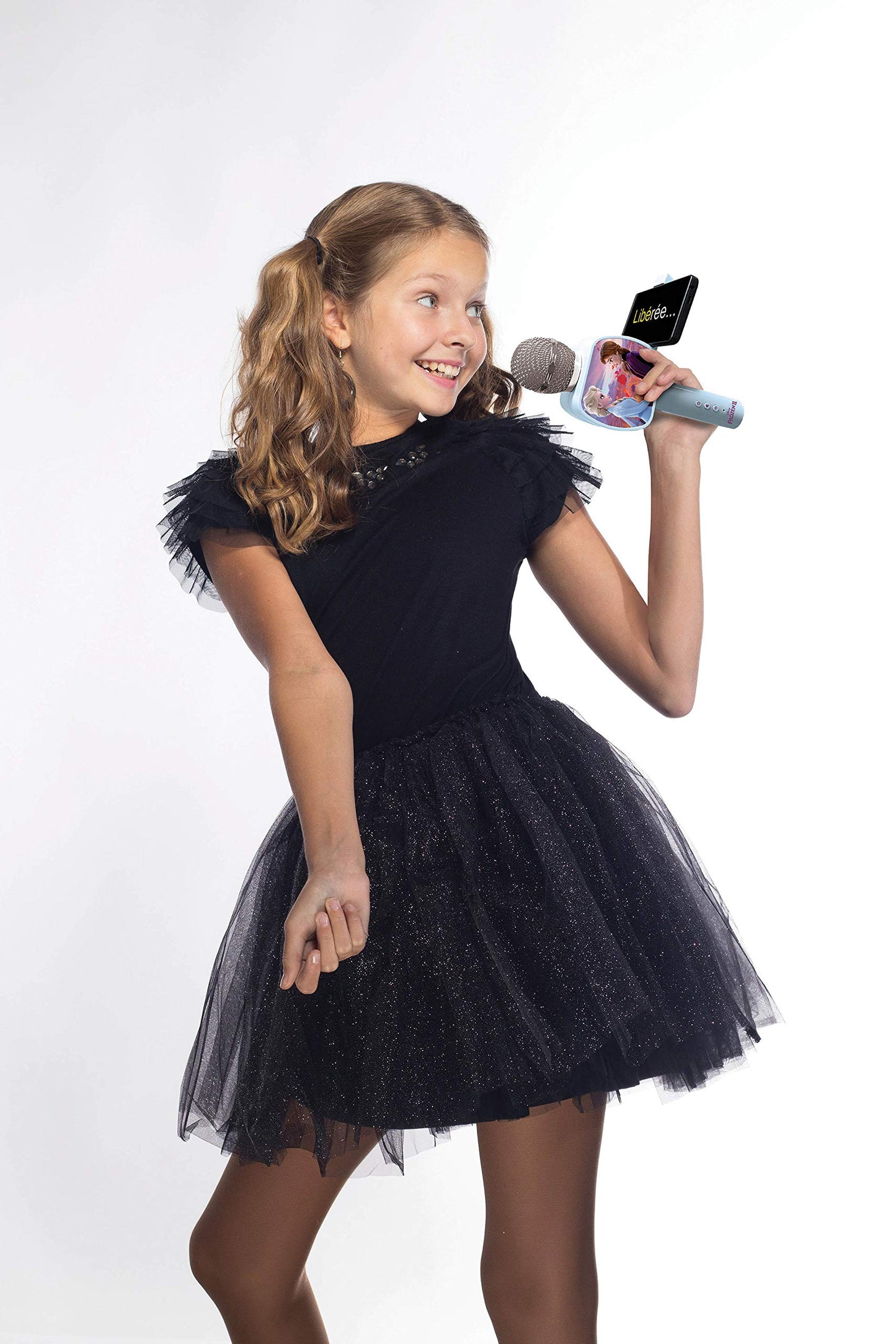 Lexibook Frozen Bluetooth microphone with voice changer, built-in speaker, phone holder, in blue color.