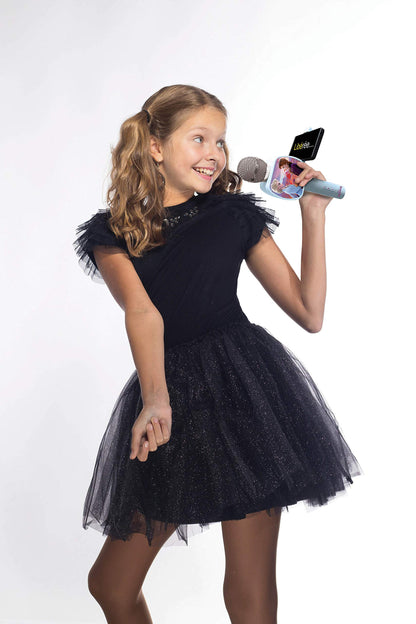Lexibook Frozen Bluetooth microphone with voice changer, built-in speaker, phone holder, in blue color.