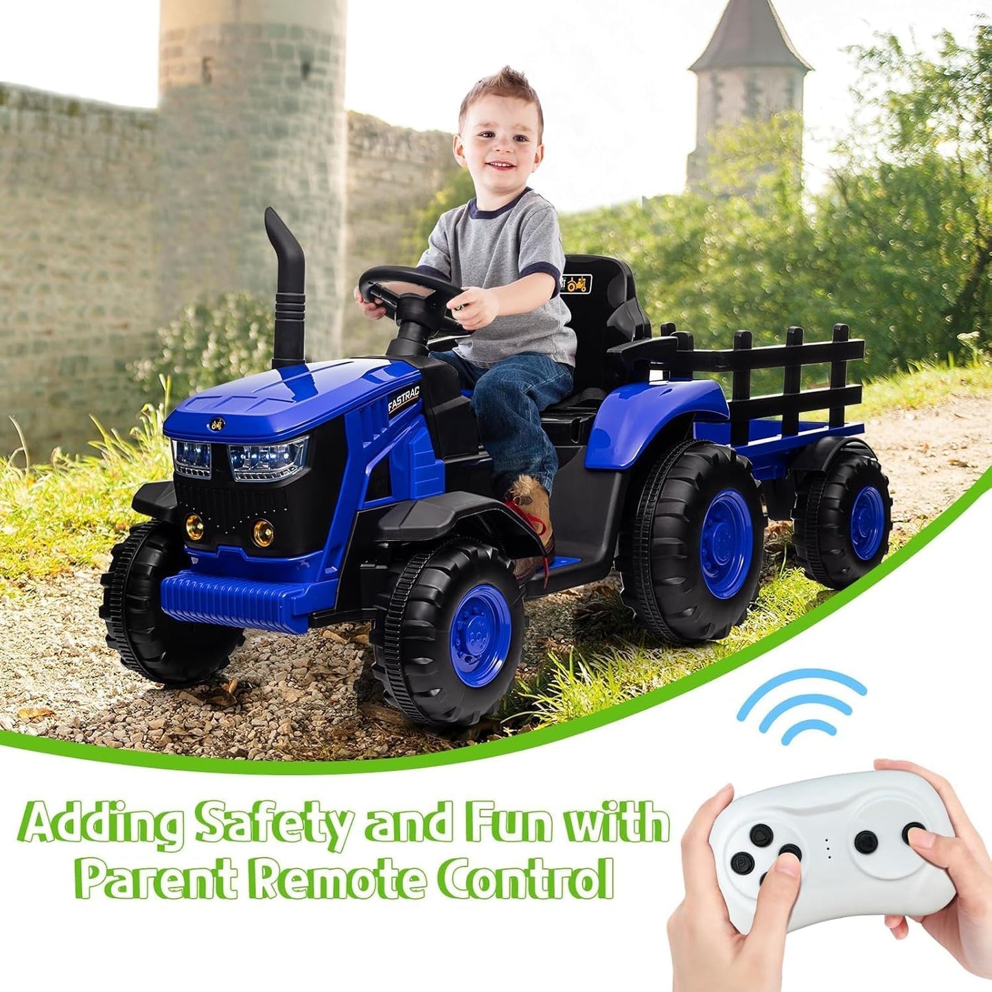 Kids Ride on Tractor with Detachable Trailer, 12V Battery Powered Electric Tractor with Remote Control, Dual Motors, Horn, Music/USB, 7 LED Lights, Ride on Toy Car for Ages 3+ (Blue)