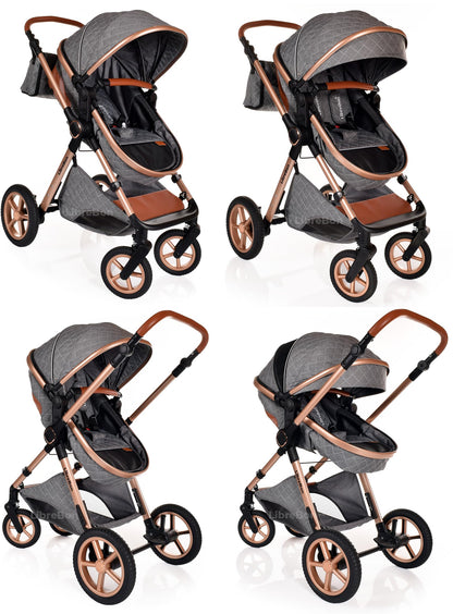 Baby Buggy Pram Pushchair Stroller 3 in 1 Child Lightweight Folding Stroller 3 in 1 Travel System Pram for Newborns & Toddlers from Birth Aluminum (Grey - Rose Gold Frame)