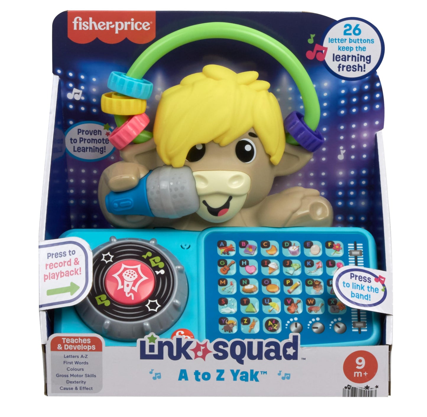 Fisher-Price Baby Learning Toy Link Squad A to Z Yak with interactive music and lights for children 9+ months, UK English.