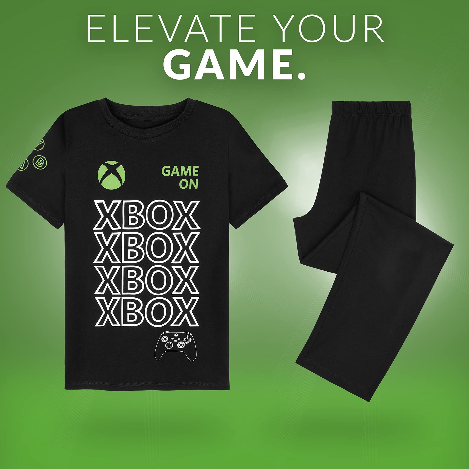 Black Xbox boys' gaming pyjamas for kids, size 15 years, featuring Xbox logo and gaming-themed design.
