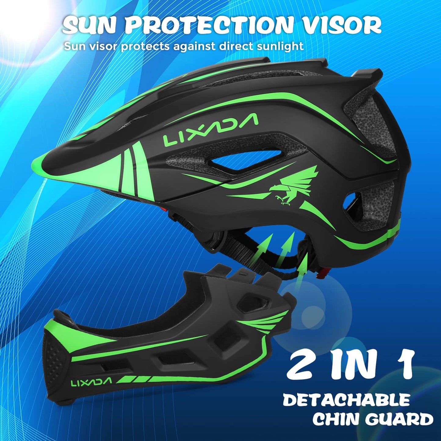 Lixada Kids Full Face Helmet Detachable Child Boys Girls Bike Helmet Protective Gear for Cycling Skateboarding Roller Skating Cycle Helmet 52-58cm