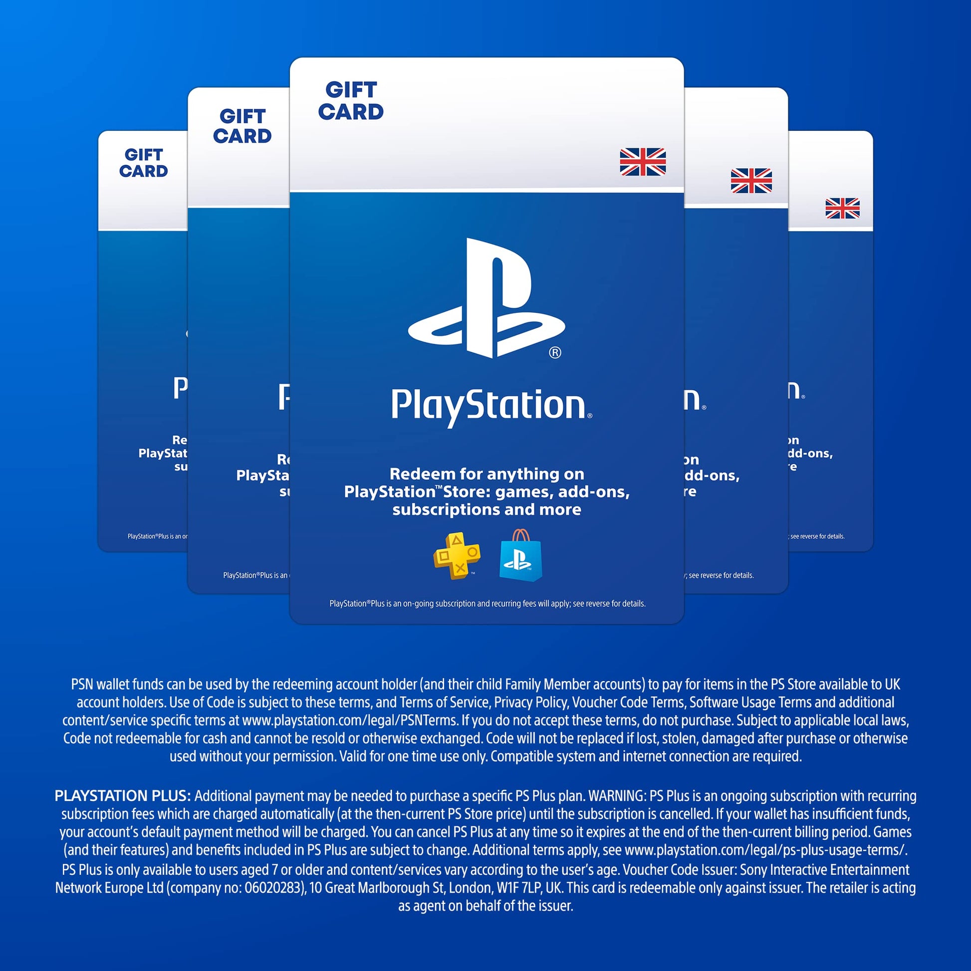 PlayStation Store gift card for UK PSN account, 50 GBP value, suitable for PS5 and PS4 downloadable content.