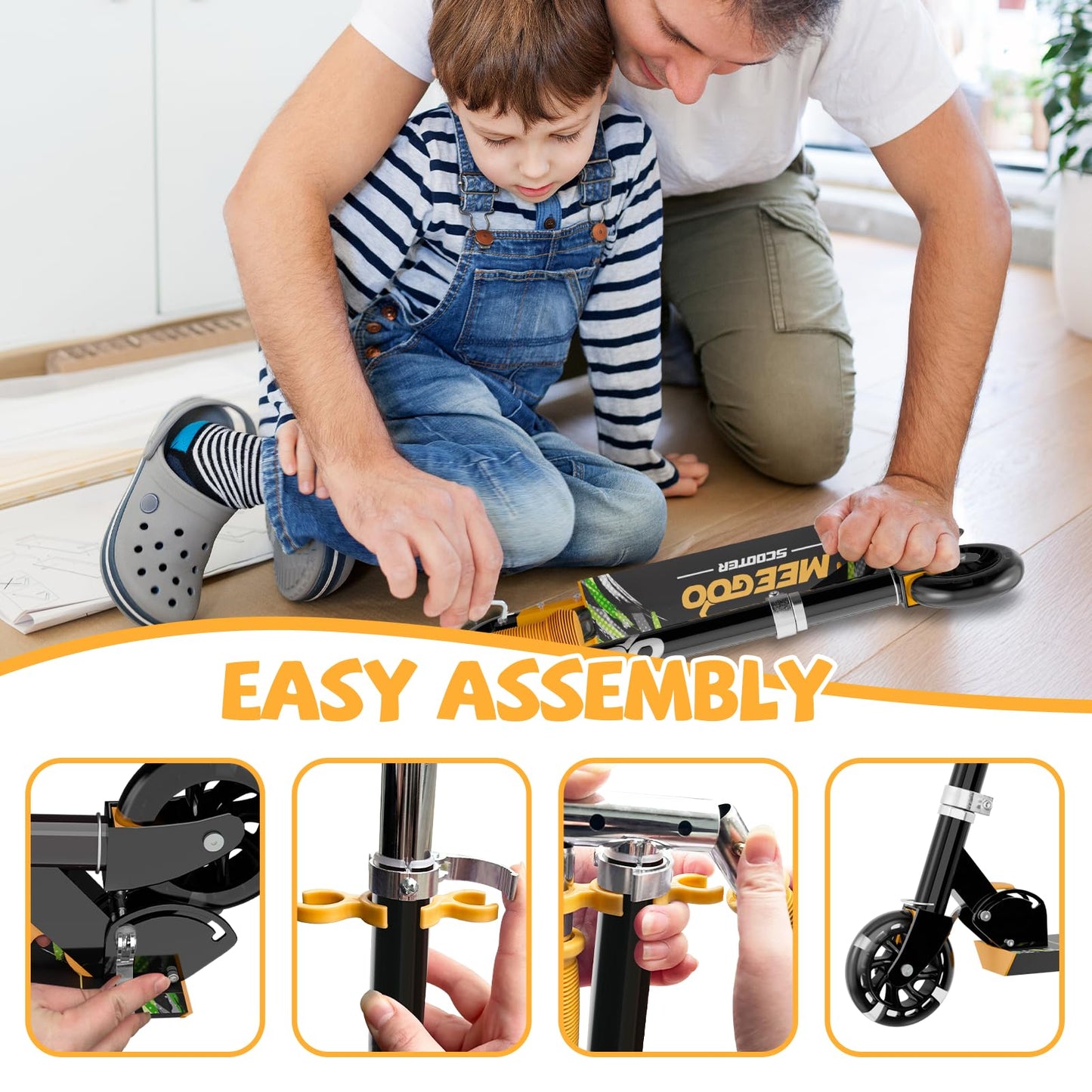 MEE GOO black kids scooter with two wheels, light-up features, adjustable handlebar, and rear brake for ages 3 and up.
