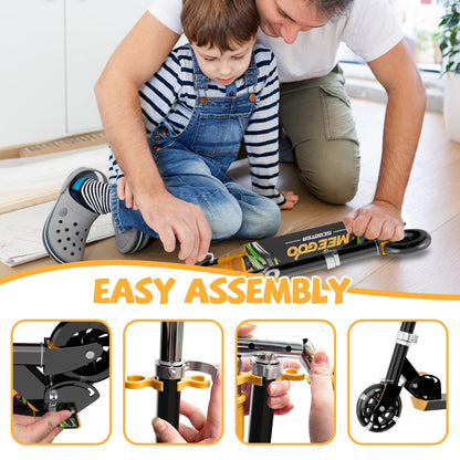 MEE GOO black kids scooter with two wheels, light-up features, adjustable handlebar, and rear brake for ages 3 and up.