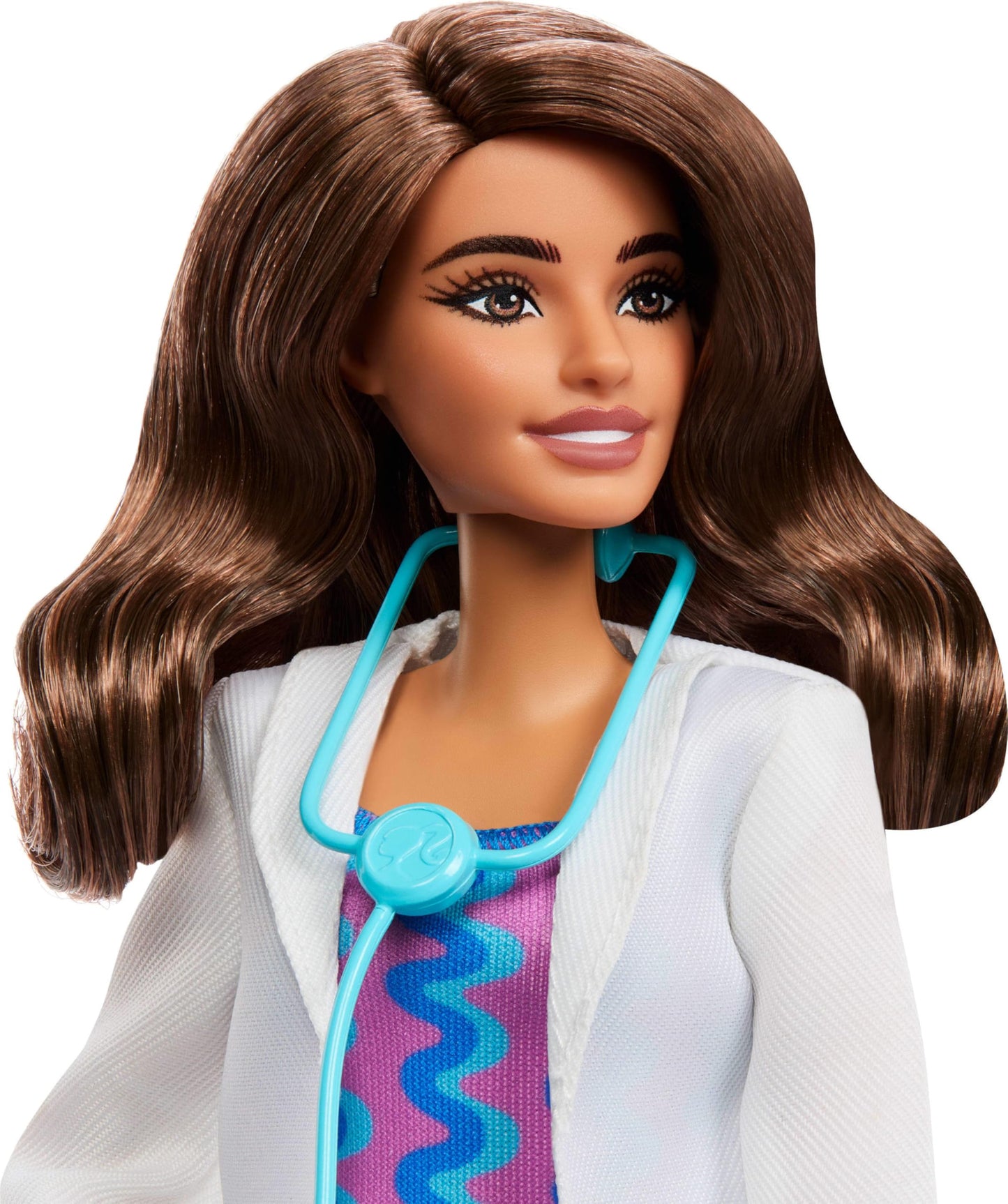 Barbie Careers Doctor Fashion Doll wearing white coat, dress, shoes, and stethoscope accessory, showcasing professional medical attire.