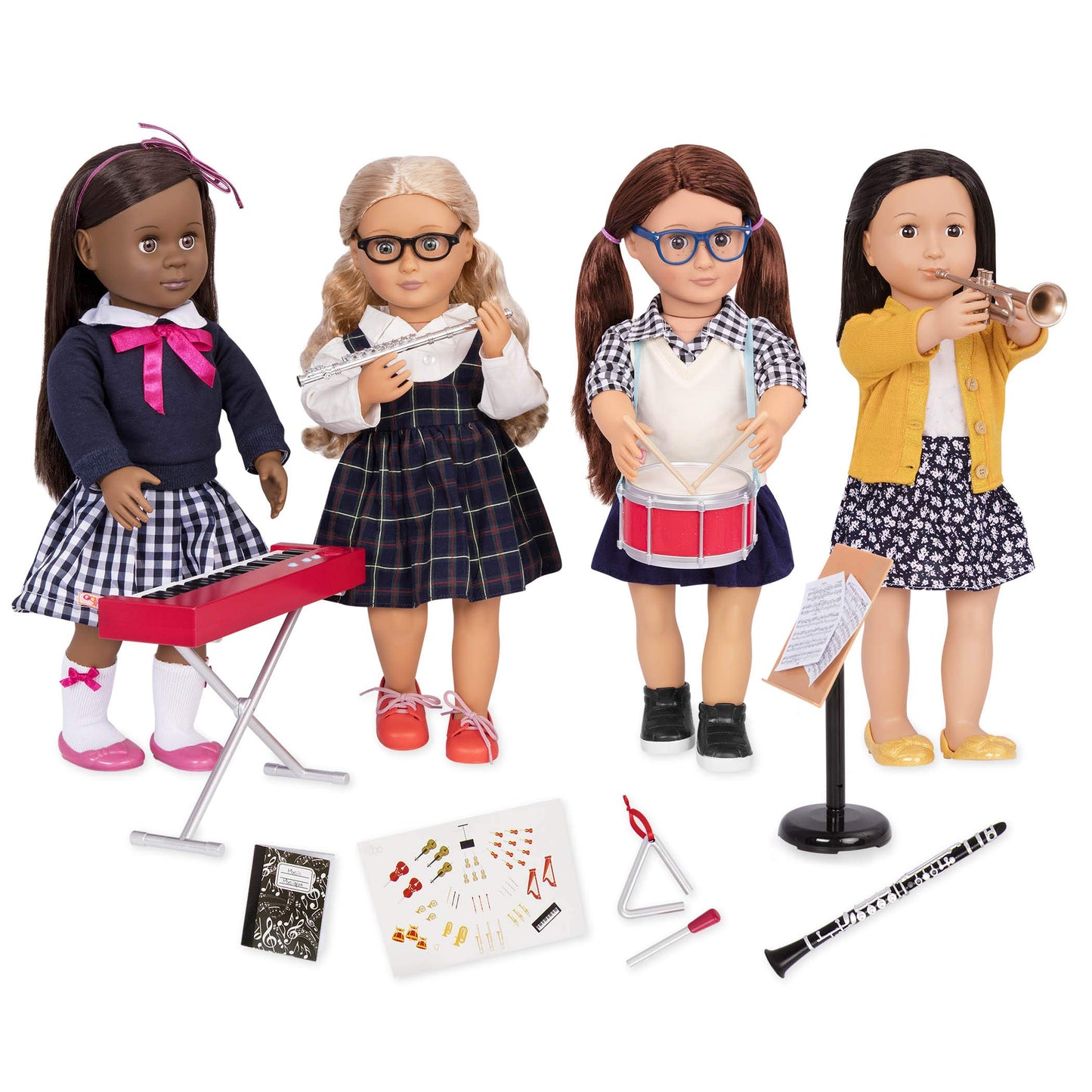 Deluxe Our Generation school uniform outfit for 18-inch dolls with accessories and classroom supplies, 8 pieces total.
