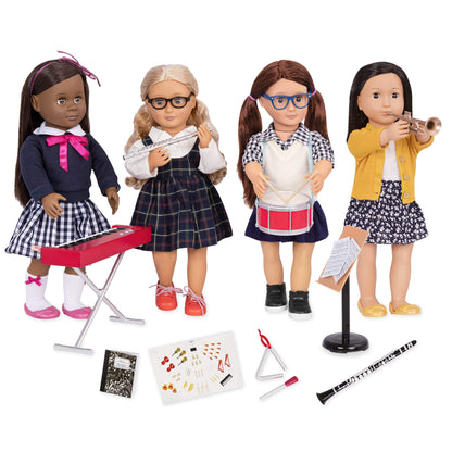 Deluxe Our Generation school uniform outfit for 18-inch dolls with accessories and classroom supplies, 8 pieces total.