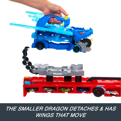 Hot Wheels City Toy Car Track Set, Ultimate Dual Dragon Transporter & 2 Die-Cast Cars, Large-Scale Dragon & Detachable Dragon, Stores 20+ Vehicles, JKJ79