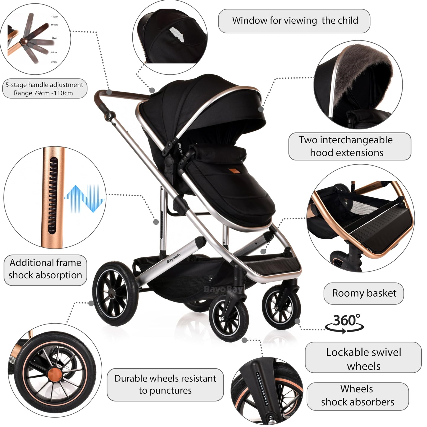 3 in 1 Baby Pram Travel System with Car Seat Lightweight Buggy Foldable Pushchair for Newborn and Toddlers up to 22kg New 2025 Style (Black - Silver)