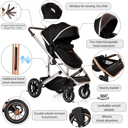 3 in 1 Baby Pram Travel System with Car Seat Lightweight Buggy Foldable Pushchair for Newborn and Toddlers up to 22kg New 2025 Style (Black - Silver)