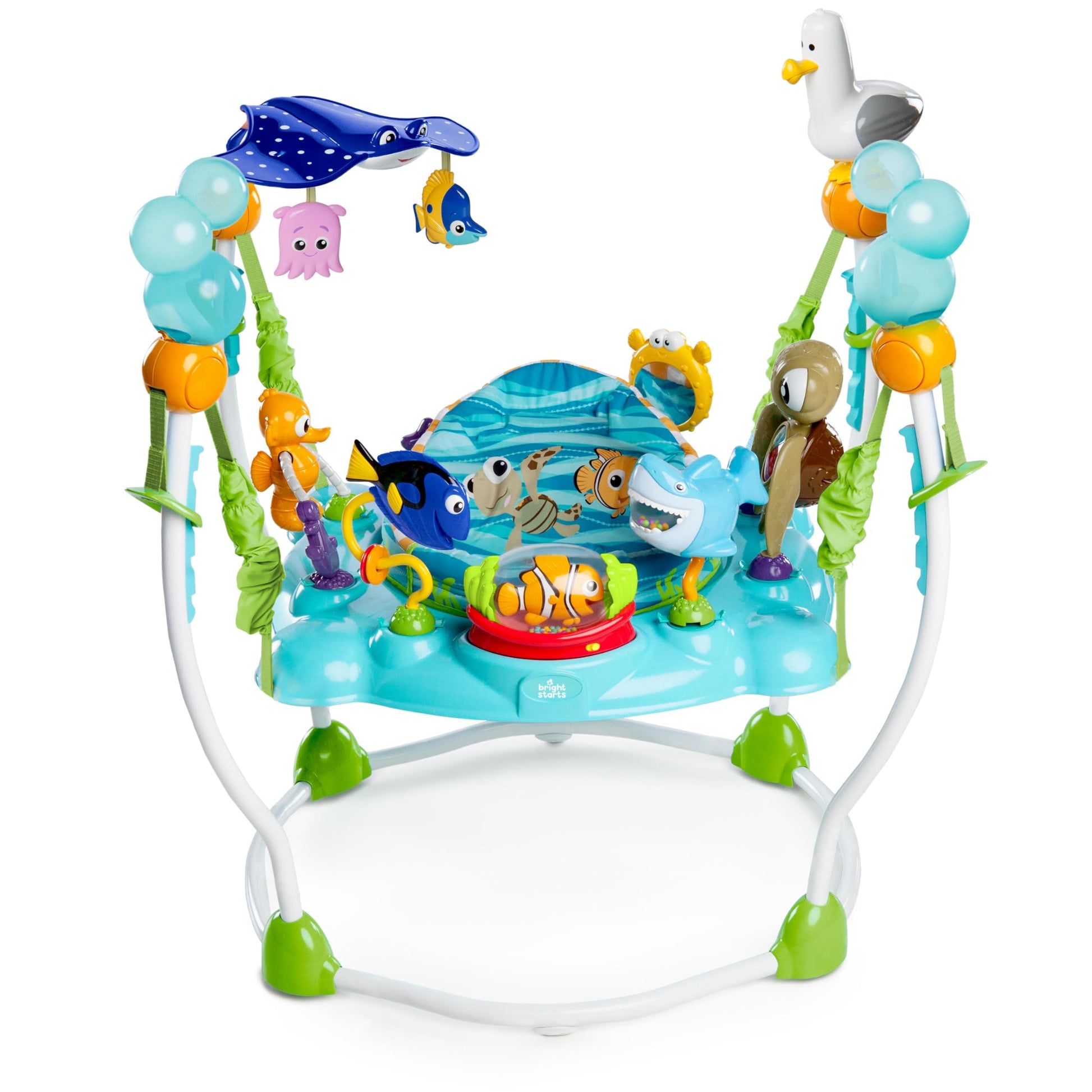Bright Starts Disney Baby Finding Nemo Sea of Activities Jumper with 13 activities, lights, music, ocean sounds, and 360° rotation.