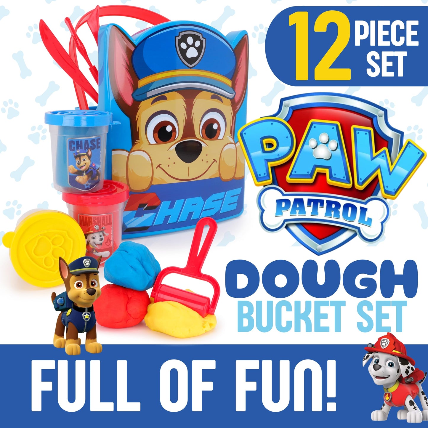Toyland® 12 Piece Paw Patrol Chase Dough Bucket Activity Set - 3 Dough, 3 Cutters, 1 Roller, 3 Stamps, 1 Wipeable Play Screens & 1 Bucket - Arts & Crafts Toys