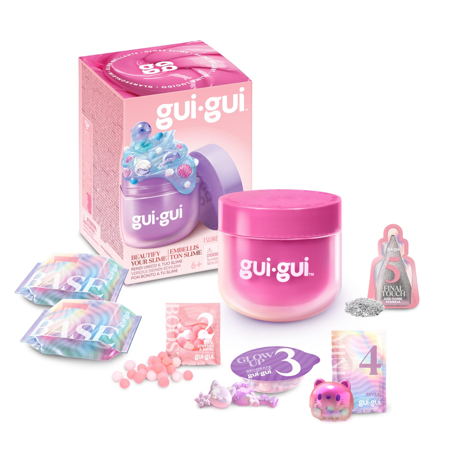 Gui Gui Gloss Slime with vibrant colors and shiny texture, featuring 13 scented slimes in various textures for kids and teens.