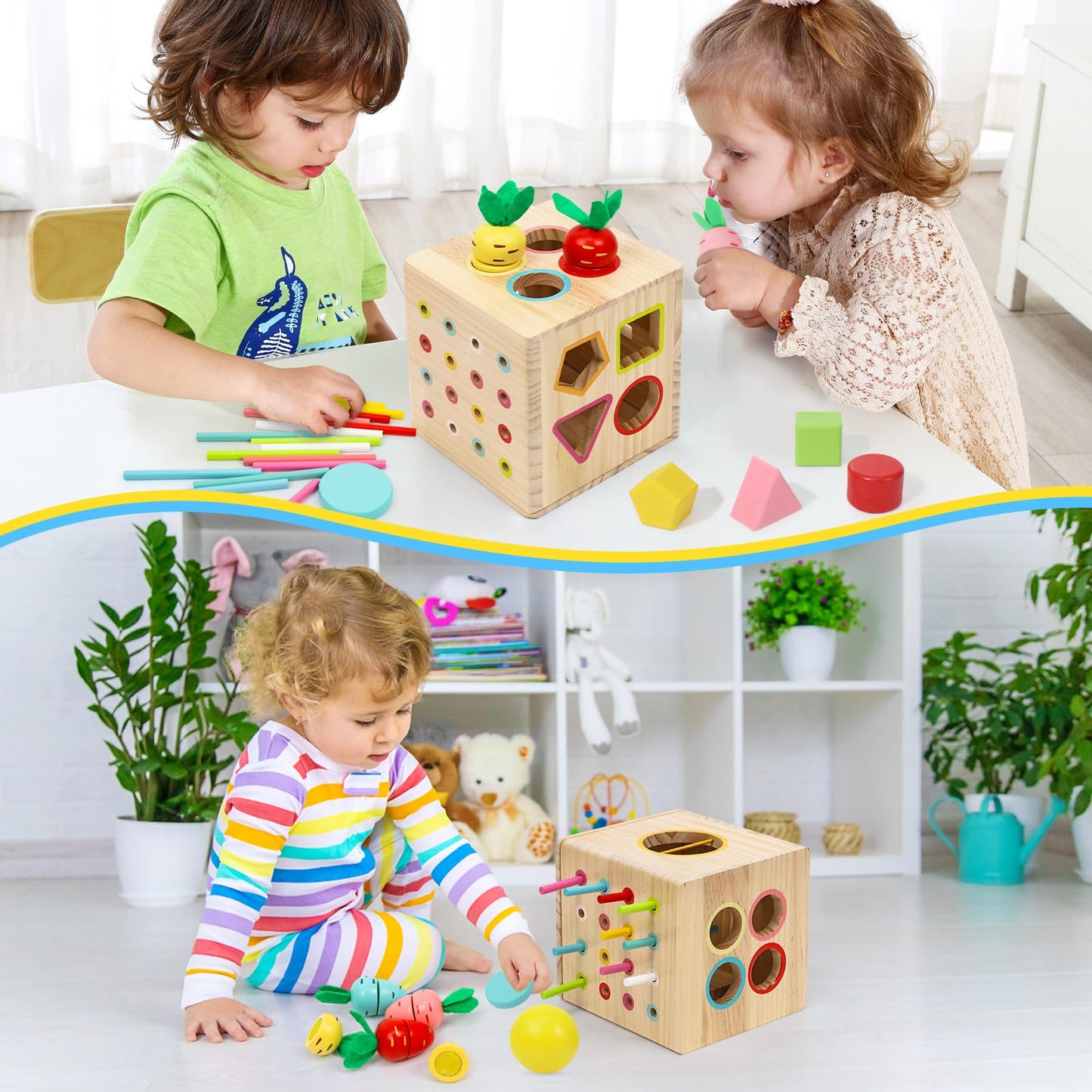 LZDMY Baby Wooden Montessori Toys for 1 year old, Baby Sensory Toys 6 in 1 Activity Cube Balls Drop Carrots Cutting, Educational Sorting Toy for Toddlers Aged 1-3, Babies Birthday Gifts