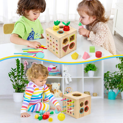 LZDMY Baby Wooden Montessori Toys for 1 year old, Baby Sensory Toys 6 in 1 Activity Cube Balls Drop Carrots Cutting, Educational Sorting Toy for Toddlers Aged 1-3, Babies Birthday Gifts