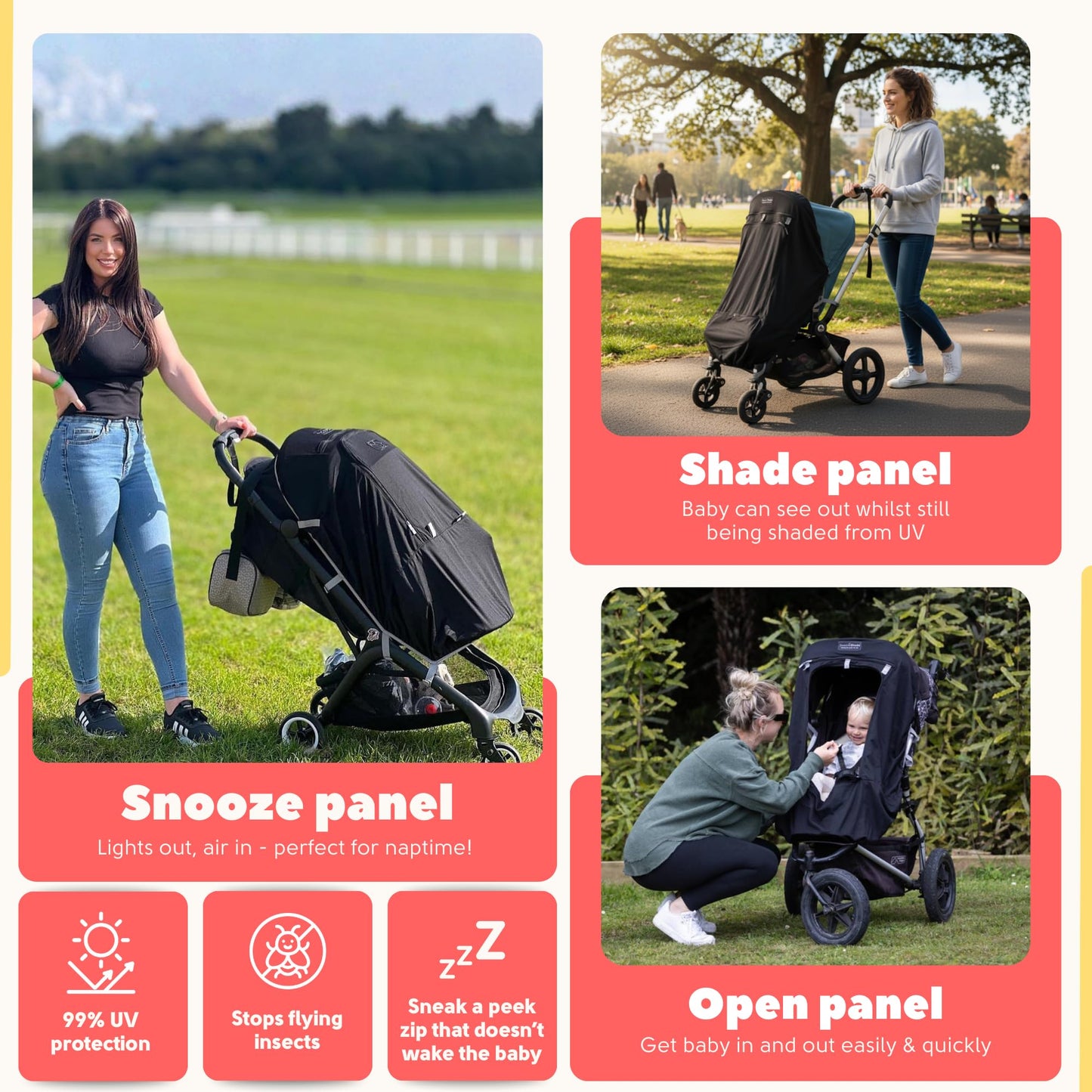 Black SnoozeShade Plus extra pram and stroller sun shade cover blocking 99% UV, breathable blackout canopy for baby sleep and sun protection.