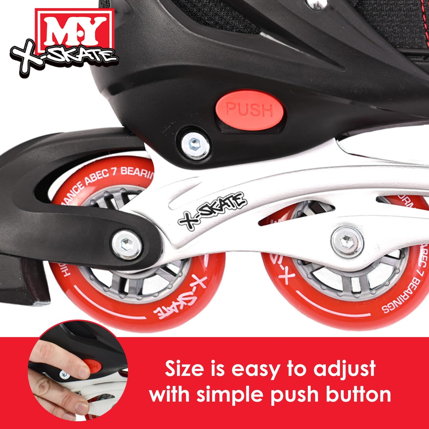 M.Y X-Skate Adjustable Red Inline Roller Skates with Built In Adjusters Kids Roller Boots for Boys & Girls - Medium