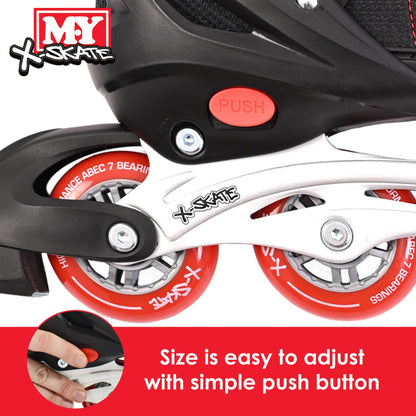 M.Y X-Skate Adjustable Red Inline Roller Skates with Built In Adjusters Kids Roller Boots for Boys & Girls - Medium