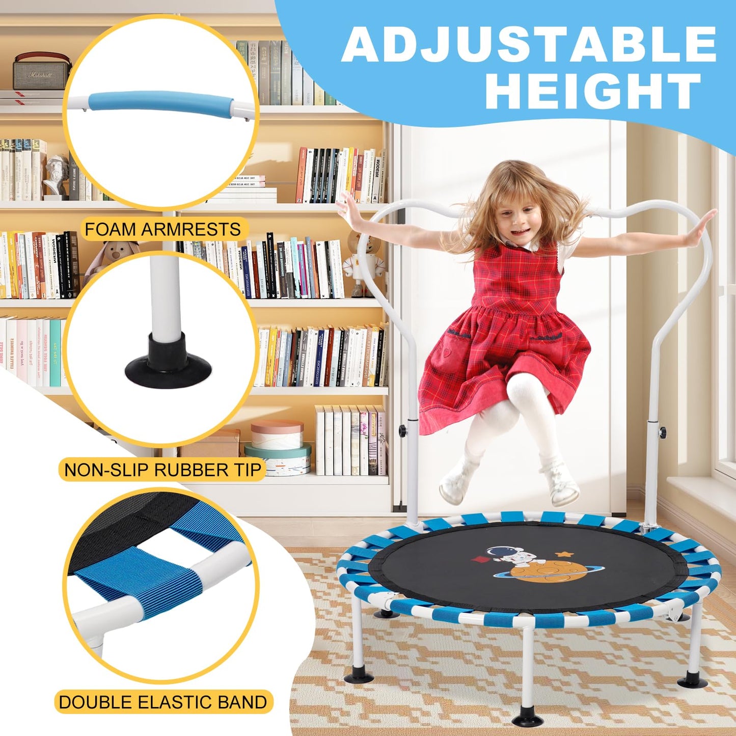 39 inch Trampoline For Toddlers Height Adjustable,Foldable Mini Trampoline For Kids,Baby Sensory Balance Toy Indoor Outdoor 3 4 5 Year Old,Gifts For Girls and Boys (Blue)