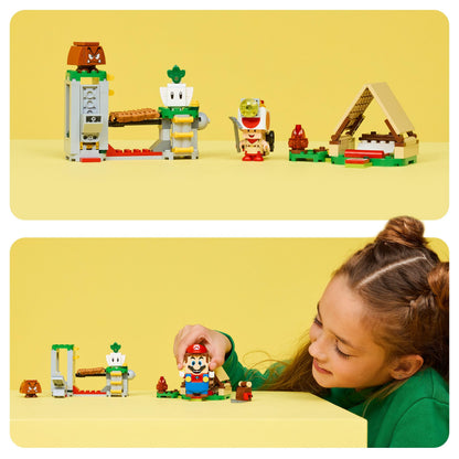 LEGO Super Mario Captain Toad's Camp set with Toad, Goomba figures, tent, and collapsing bridge, for kids 6 and up.
