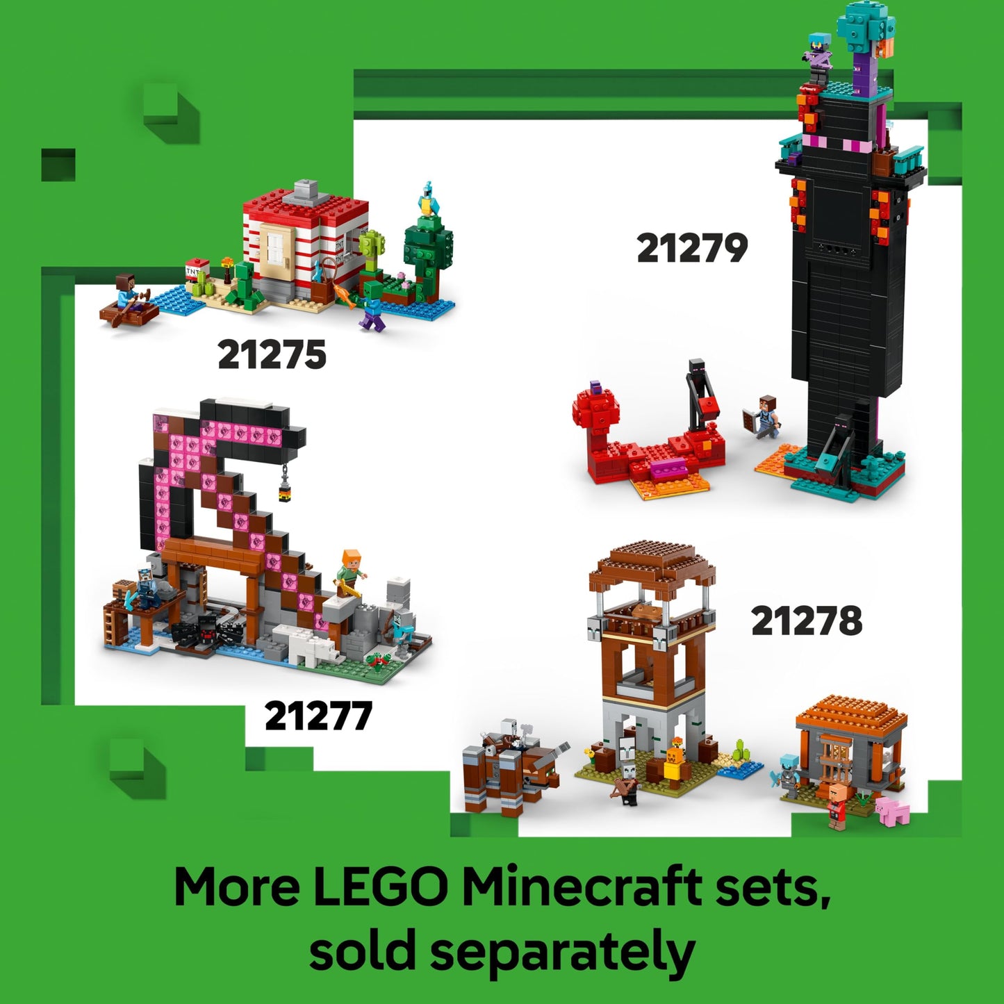 LEGO Minecraft The Creeper toy figure with hidden compartment, pig, and TNT element, ideal for fans aged 10 and up.