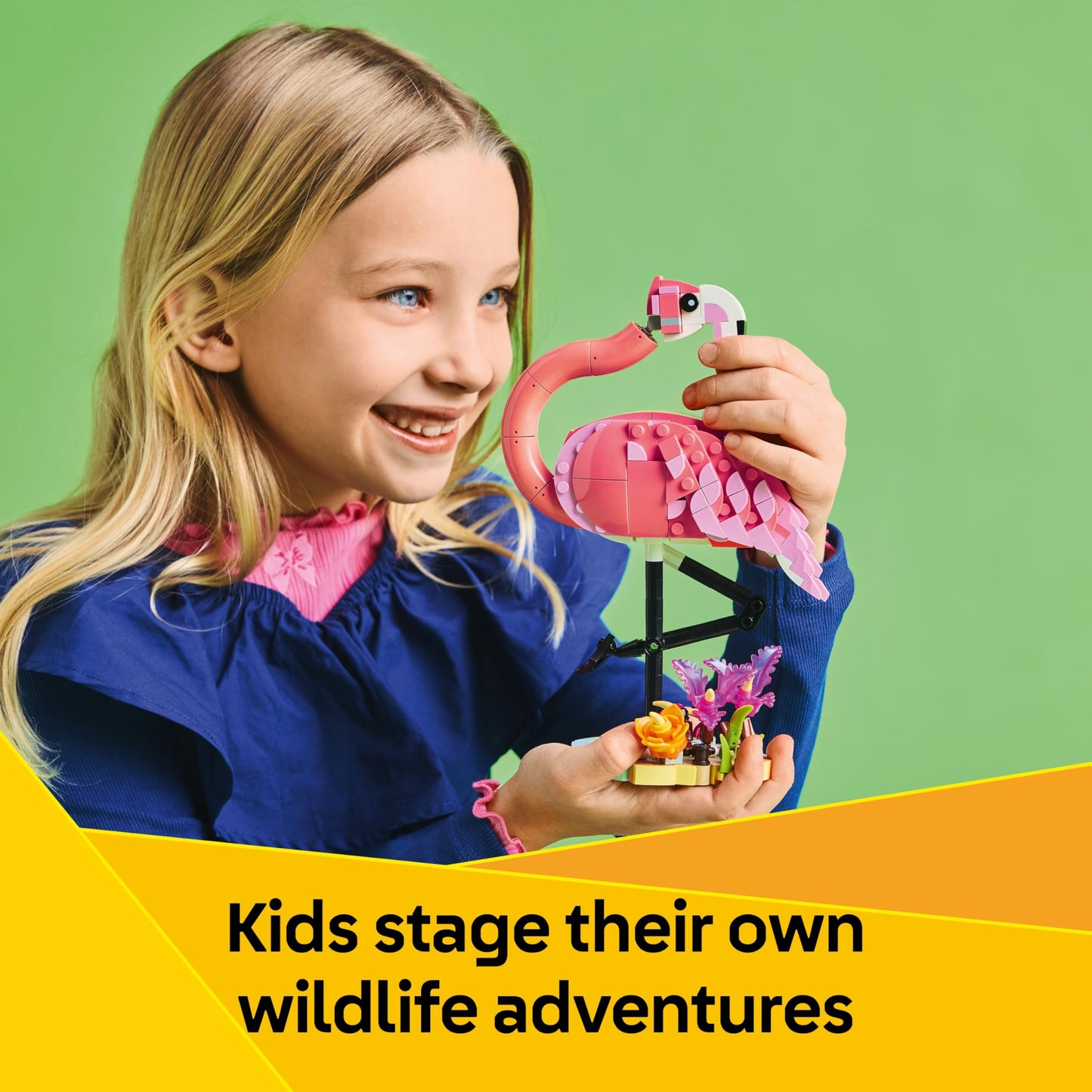 LEGO Creator 3in1 wild animals set featuring a pink flamingo, cockatoo parrot, and axolotl toy figures.