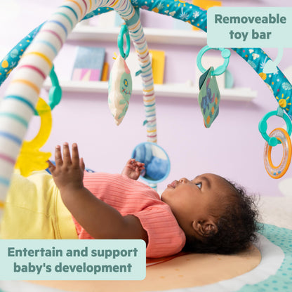 Bright Starts, Disney Baby Stitch Activity Gym, with Tummy Time Pillow, Baby Play Mat with Toy Bar, 5 Take Along Toys, for Newborns and Up