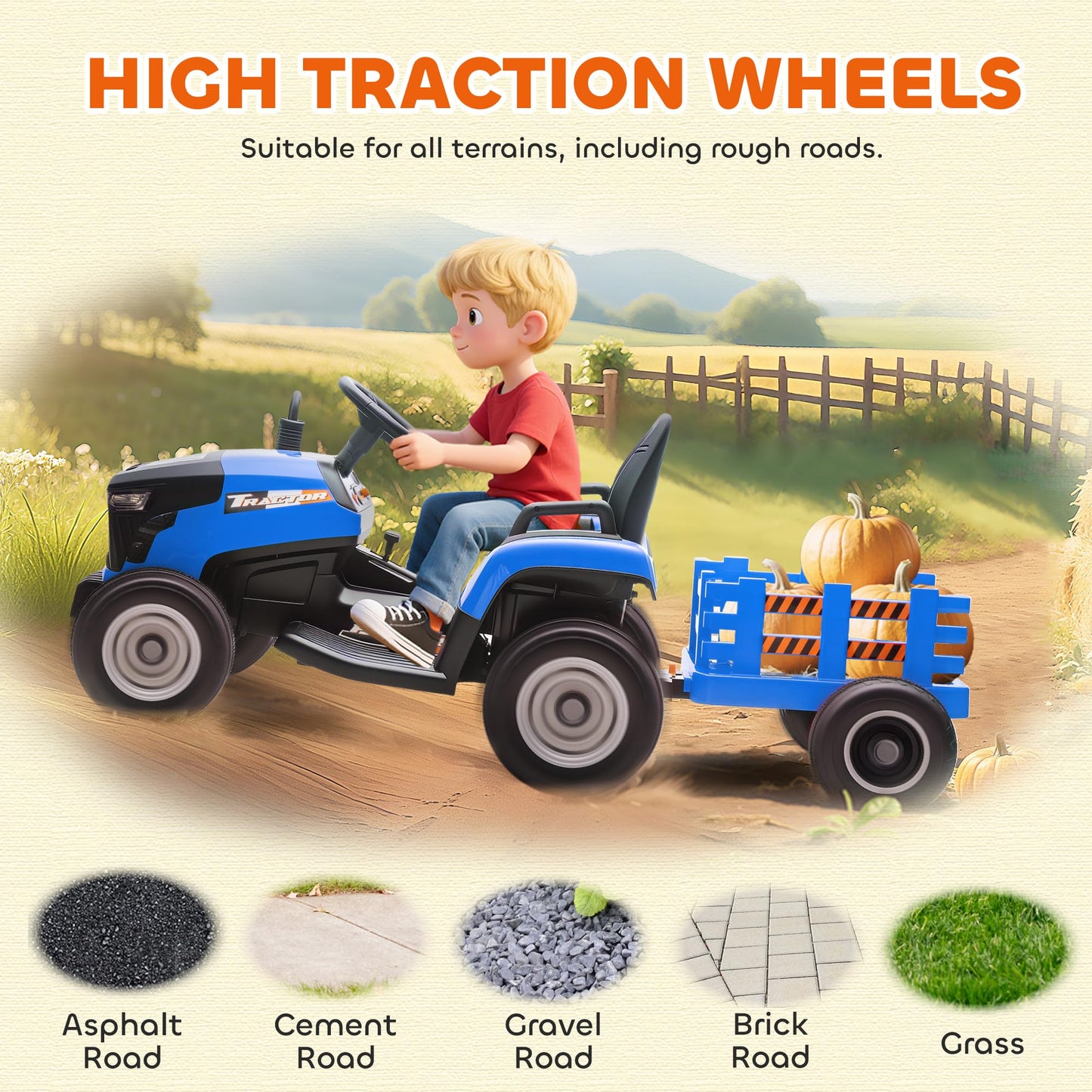 AIYAPLAY Ride on Tractor with Trailer, 12V Electric Vehicle with Remote Control, Ride on Car for Kids with Music, Shifter, Start-Up Sound for Ages 3-8 Years, Blue
