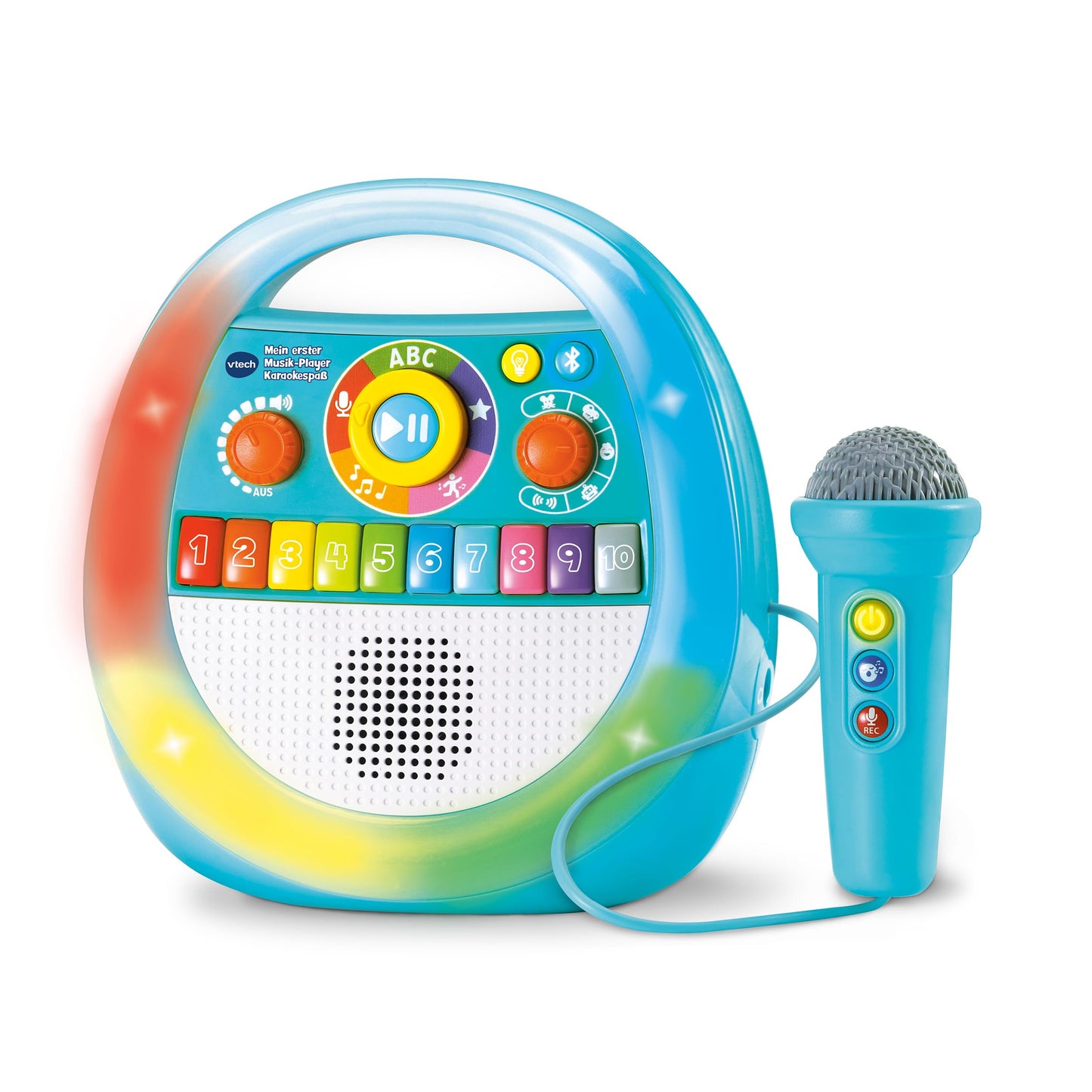 VTech My First Music Player with colorful buttons and microphone for kids' karaoke fun and musical learning.