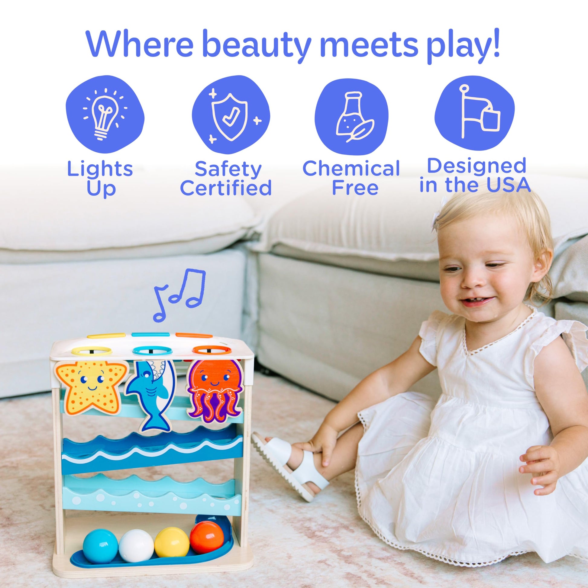 Wooden Ocean Friends interactive toy by Move2Play for babies, featuring colorful ocean animals and engaging activities.