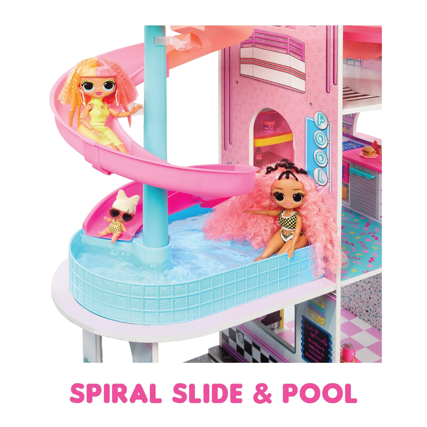 L.O.L. Surprise! OMG Fashion House Playset featuring a wooden dollhouse with pool, slide, and rooftop patio for kids.