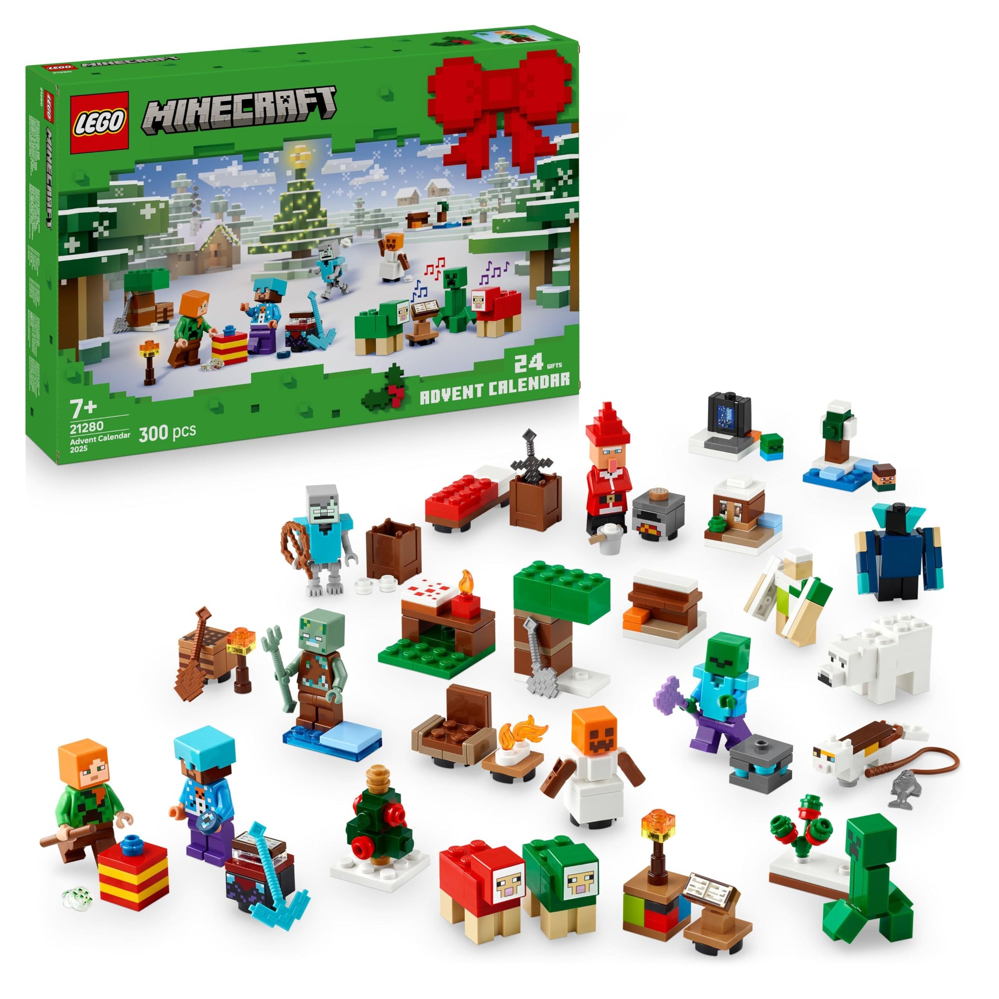 LEGO Minecraft Advent Calendar 2025 with 24 surprises, including minifigures and mini builds for kids aged 7 and up.