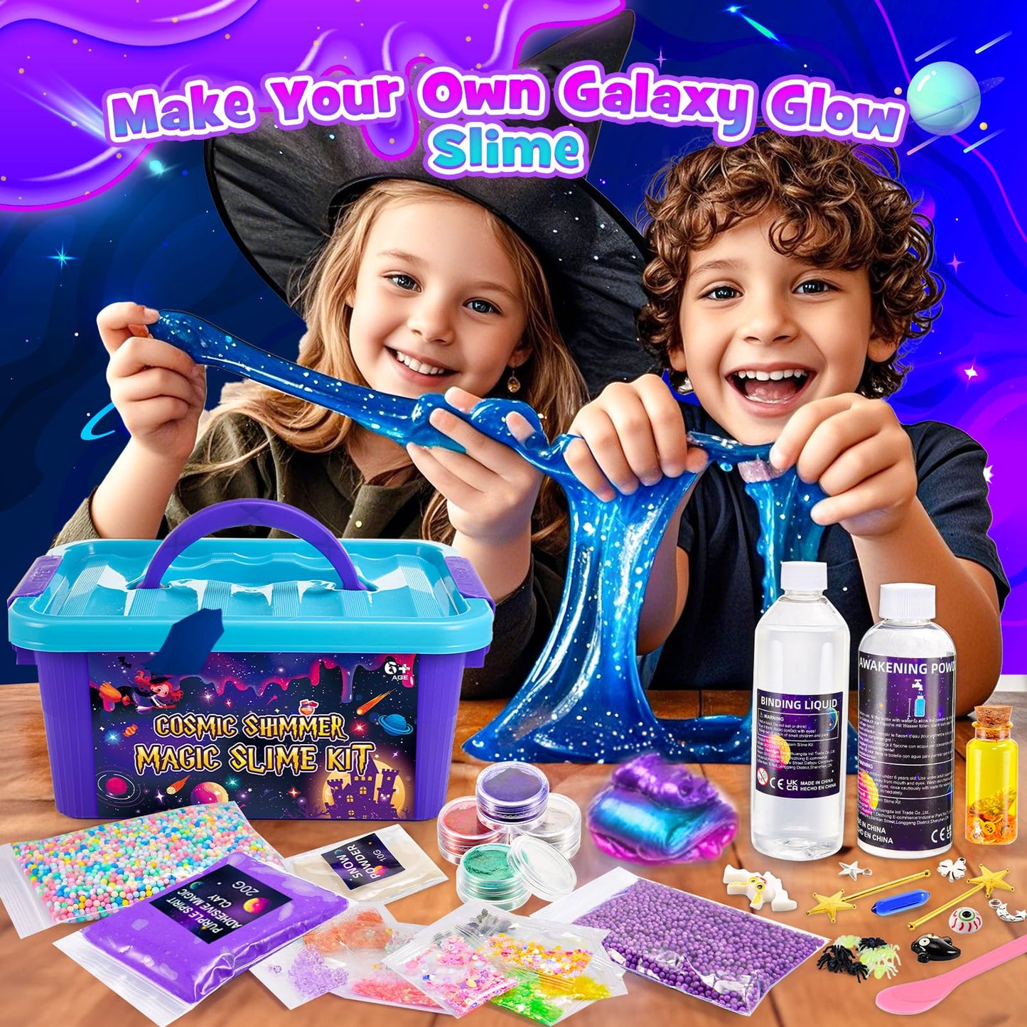 iKidiki galaxy slime making kit with colorful fluffy slime and magic potions, ideal for kids aged 6 to 12 for creative play and gifts