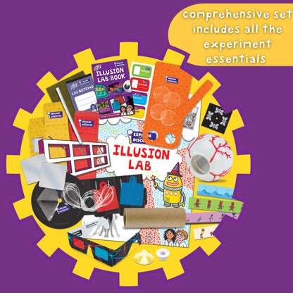 Galt Illusion Lab science kit with colorful experiment materials and eye-popping illusions for kids age 6 and up.