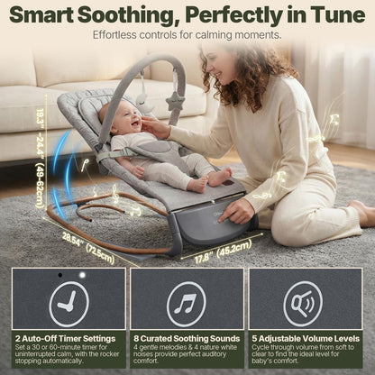 Orzbow electric baby bouncer with touch control, 3 swing speeds, lullabies, adjustable volume, for infants 0-30 months in dove grey.