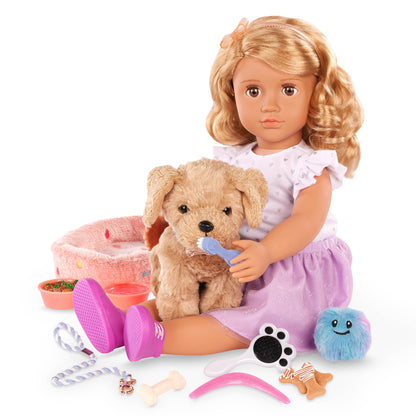 Our Generation Puppy Care & Play Set with soft dog bed, leash, and pretend food for 18-inch doll pets.