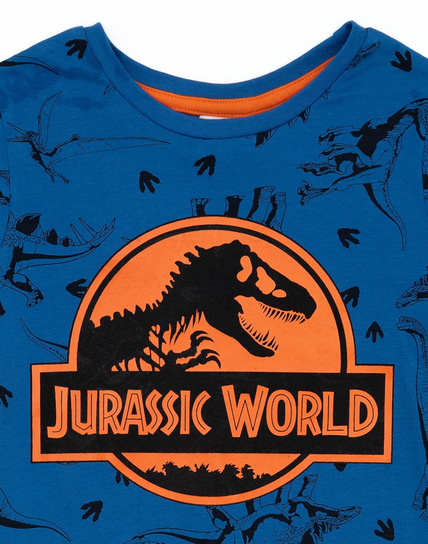 Jurassic World Boys Pyjama Set | Blue Short Sleeve T-Shirt and All Over Print Shorts PJs For Kids | Orange Logo with All Over Dinosaur Print Film Loungewear | Nightwear Pyjama Gifts for Children