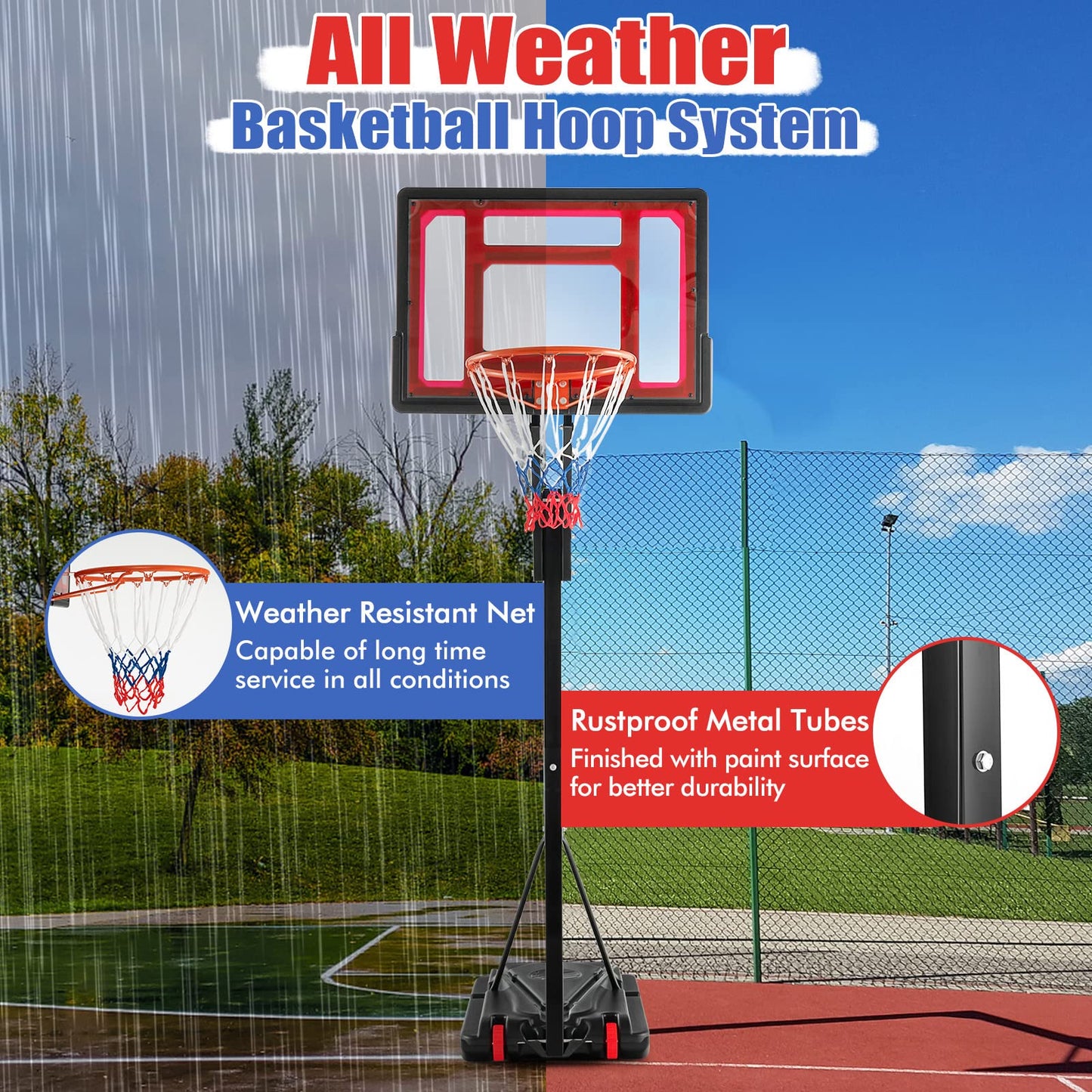 COSTWAY 10ft Basketball Backboard Hoop Net Set, 1.05M-2.6M Height Adjustable Basketball Stand with Wheels, Weighted Bag, for Kids, Junior and Adult