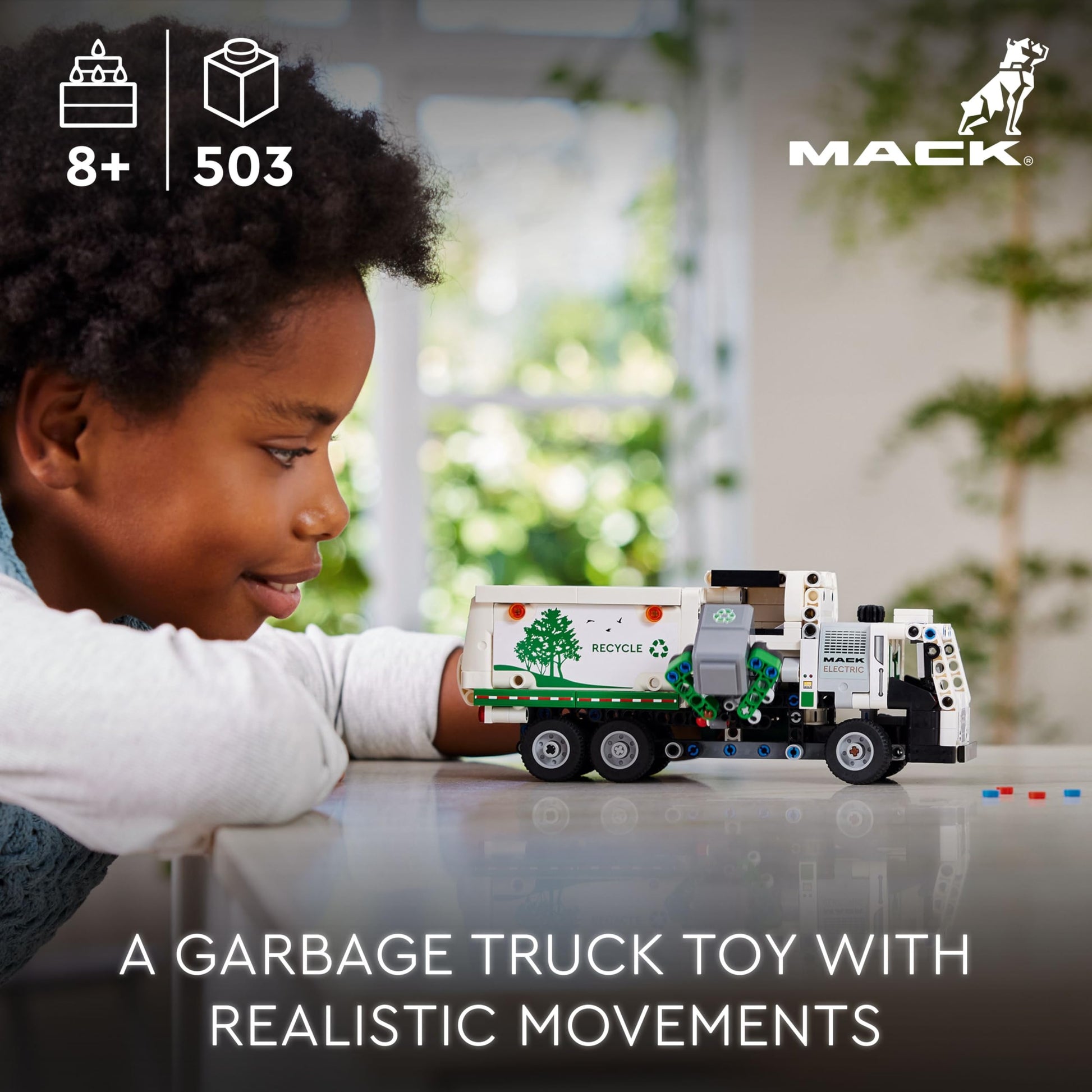 LEGO Technic Mack LR Electric Garbage Truck toy with realistic features and recycling bin, designed for kids aged 8 and up.