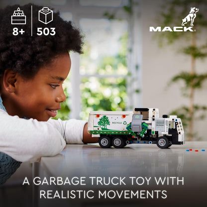 LEGO Technic Mack LR Electric Garbage Truck toy with realistic features and recycling bin, designed for kids aged 8 and up.