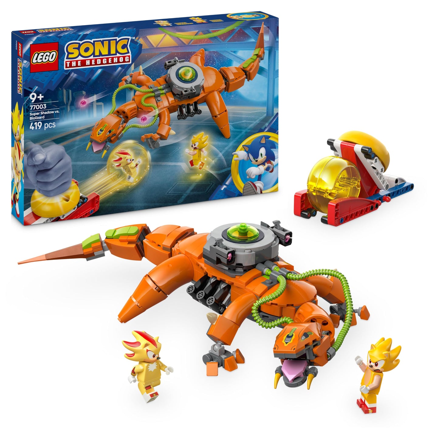 LEGO Sonic the Hedgehog Super Shadow and Biolizard building set with 3 video game characters and a Chaos Emerald for kids.