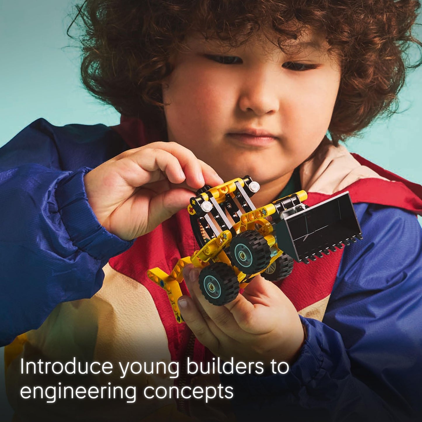 LEGO Technic Backhoe Loader construction vehicle toy with back digger, scoop, and outriggers for kids aged 7 and up.