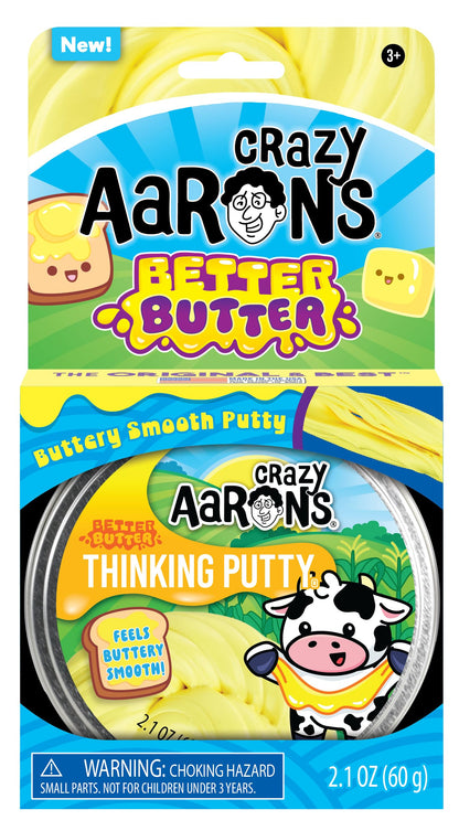 Yellow Crazy Aaron's Better Butter Thinking Putty with buttery smooth texture in a 2.1 oz (60g) container for ages 3 and up.