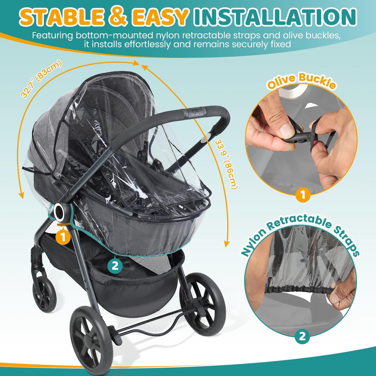Transparent Orzbow universal rain cover for pushchair with window, breathable durable EVA material, quick install on pram.