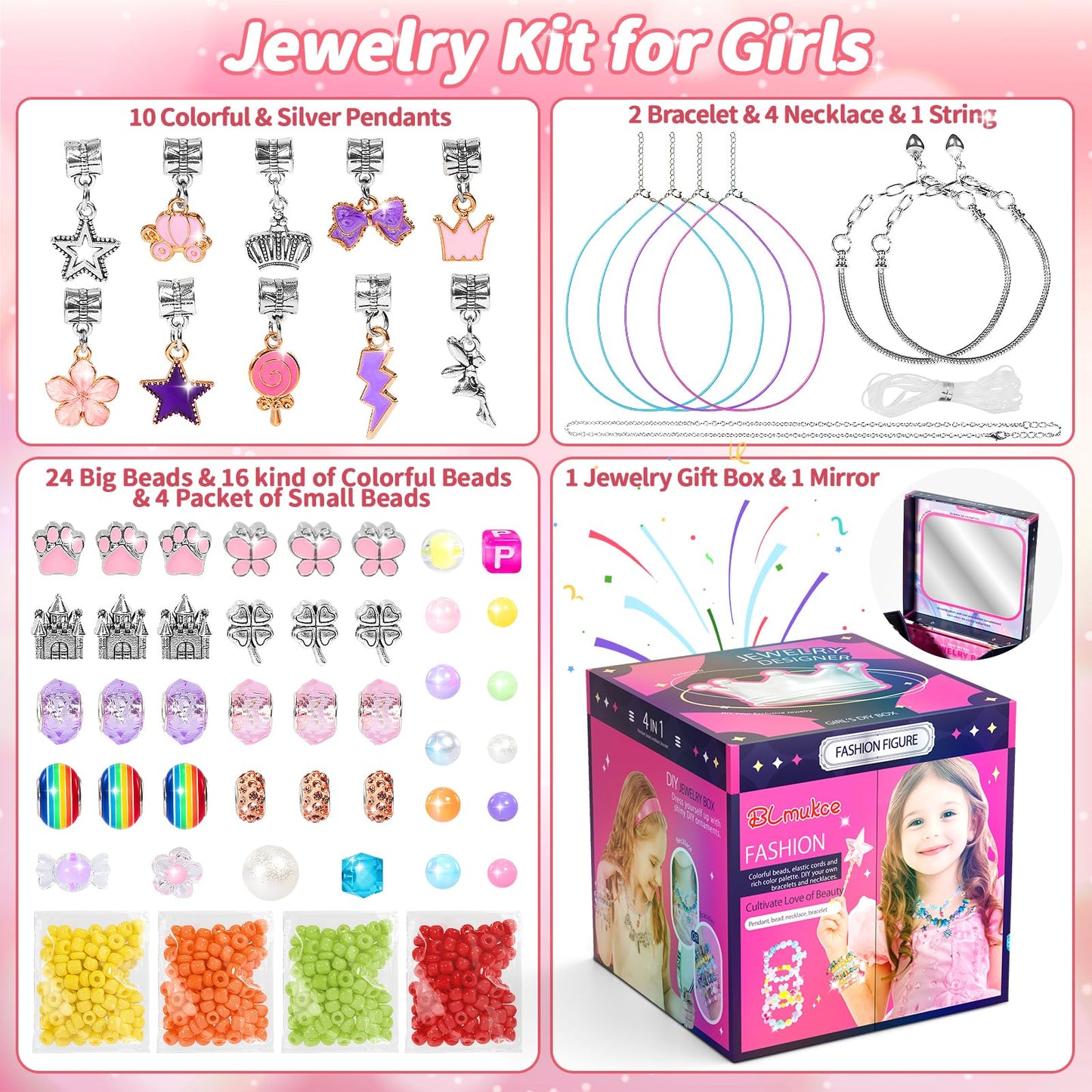 BLmukce charm bracelet making kit for girls features beads, charms, and necklace supplies for DIY jewelry crafting.