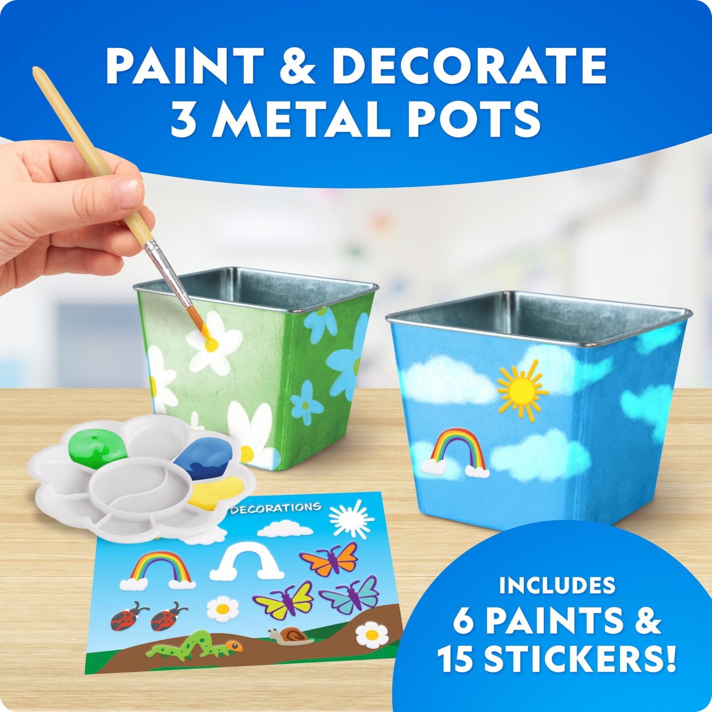 Blue Marble National Geographic kids gardening kit with stainless steel pots, paint, stickers, and plant growing tools for children.